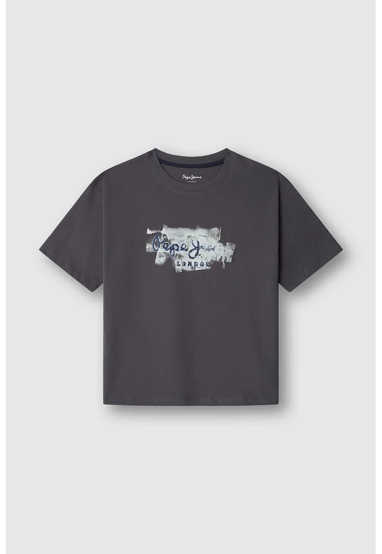 Tricou de bumbac cu decolteu la baza gatului, Gri inchis/Bleumarin