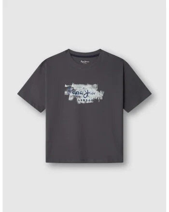 Tricou de bumbac cu decolteu la baza gatului, Gri inchis/Bleumarin