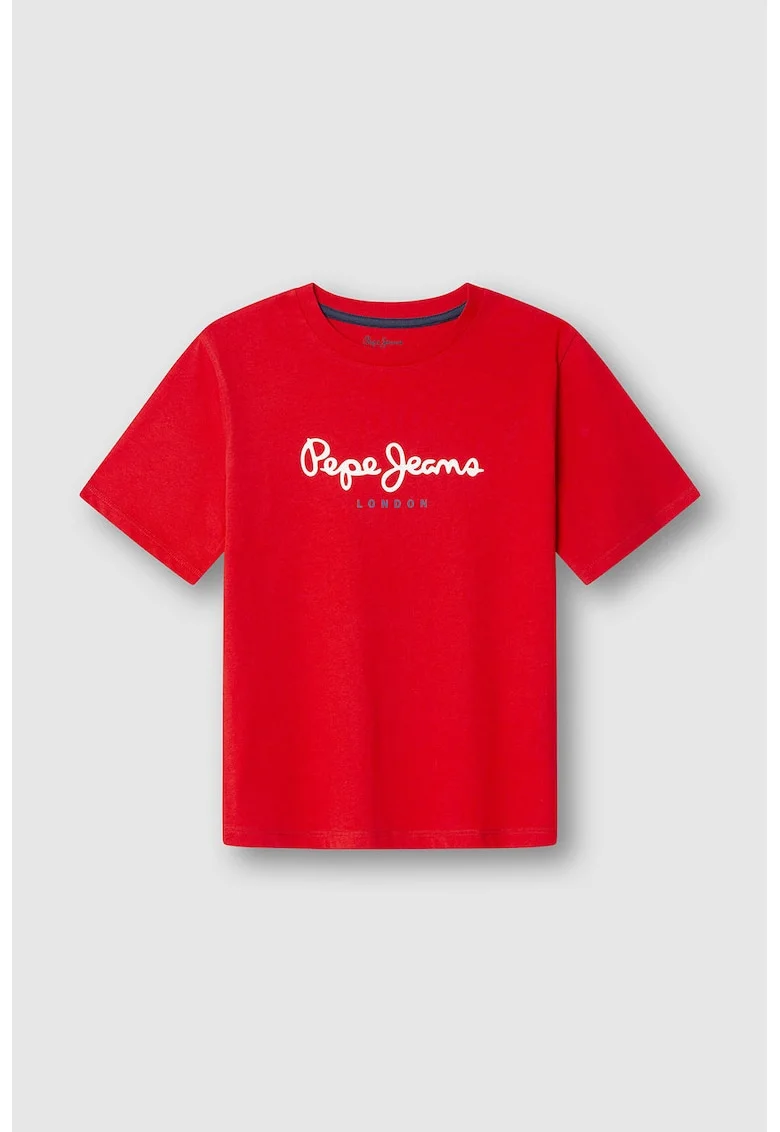 Tricou de bumbac cu imprimeu logo, Albastru azur/Alb optic/Rosu vermillion