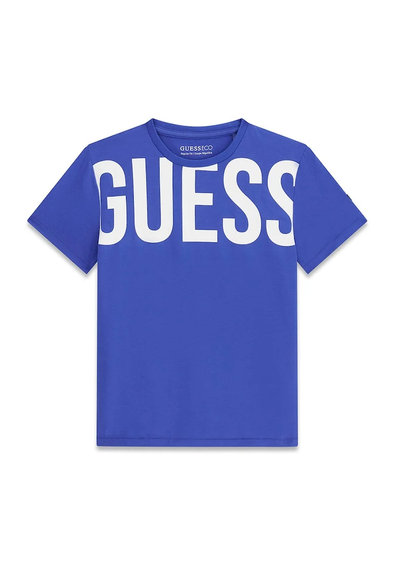 Tricou cu decolteu la baza gatului si imprimeu logo, Alb/Albastru royal