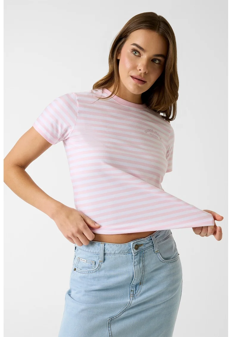Tricou din amestec de bumbac cu dungi, Roz deschis/Alb optic