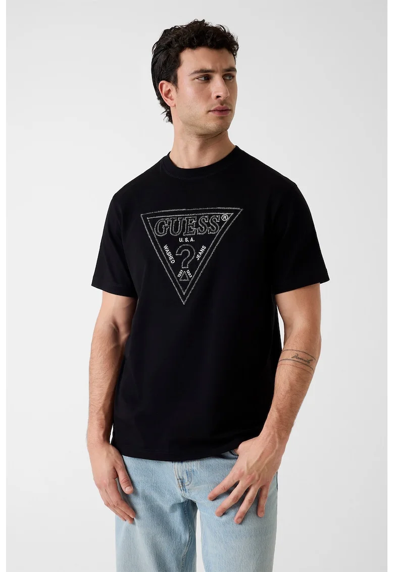 Tricou cu decolteu la baza gatului si logo, Negru/Argintiu