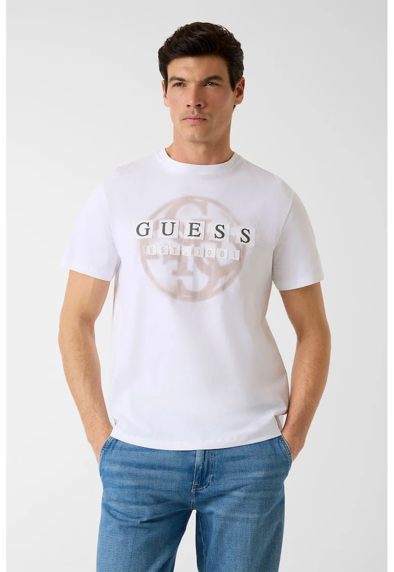 Tricou cu decolteu la baza gatului si imprimeu logo, Alb/Portocaliu persan/Portocaliu pal