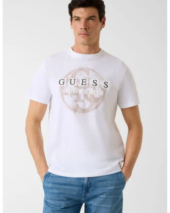 Tricou cu decolteu la baza gatului si imprimeu logo, Alb/Portocaliu persan/Portocaliu pal