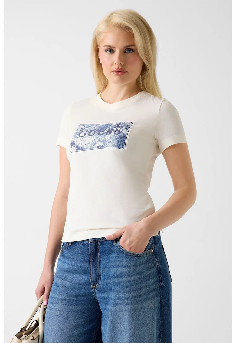 Tricou slim-fit cu imprimeu logo, Alb fildes/Albastru indigo