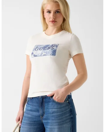 Tricou slim-fit cu imprimeu logo, Alb fildes/Albastru indigo