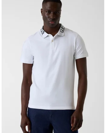 Tricou polo cu croiala slim-fit si guler cu logo, Negru stins/Alb optic