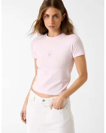 Tricou crop cu croiala cambrata si logo, Roz pastel