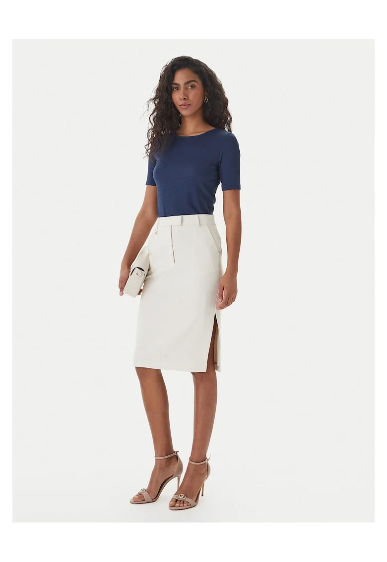 Fusta midi  poliester, ecru, fermoar, 90% poliester, 10% elastan