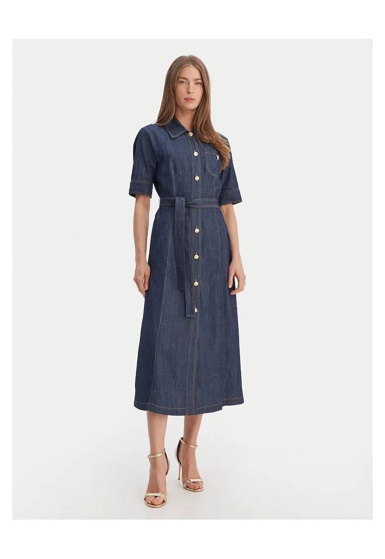 Rochie din denim,  bleumarin, bumbac, sistem de inchidere cu nasturi,