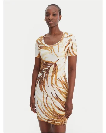 Rochie  bumbac, bej, alb, Alb/Bej