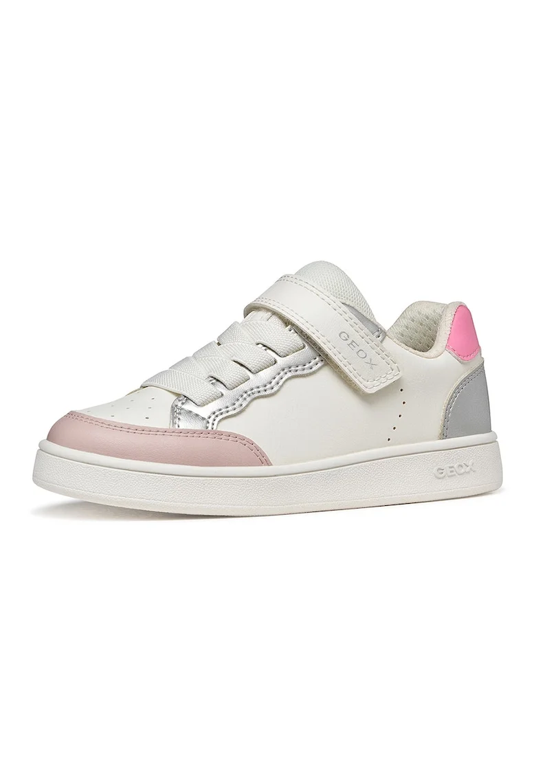 Pantofi sport Eclyper de piele ecologica si material textil cu velcro, Alb fildes/Roz prafuit