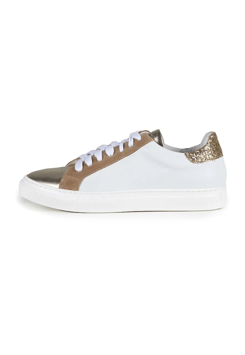 Pantofi sport din piele cu garnituri metalizate, Auriu/Maro camel/Alb murdar