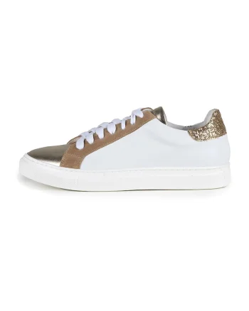 Pantofi sport din piele cu garnituri metalizate, Auriu/Maro camel/Alb murdar