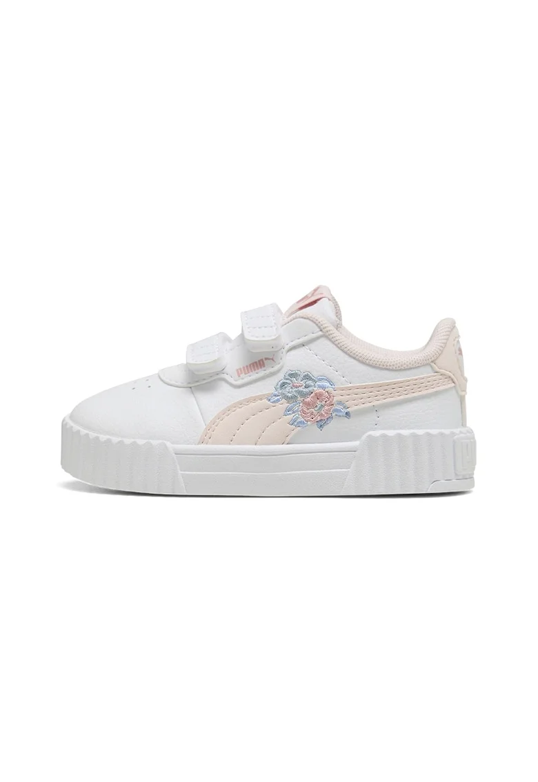 Pantofi sport Carina 3.0 cu velcro si broderie florala, Piersica/Alb optic/Roz pal