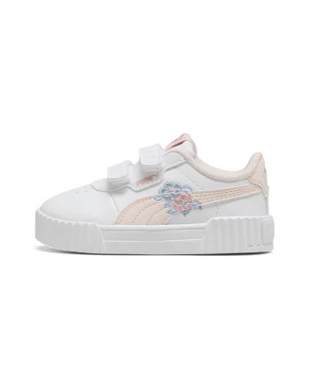 Pantofi sport Carina 3.0 cu velcro si broderie florala, Piersica/Alb optic/Roz pal