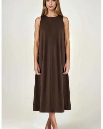 Rochie Midi,  croiala lejera, guler rotund, maro, tricot