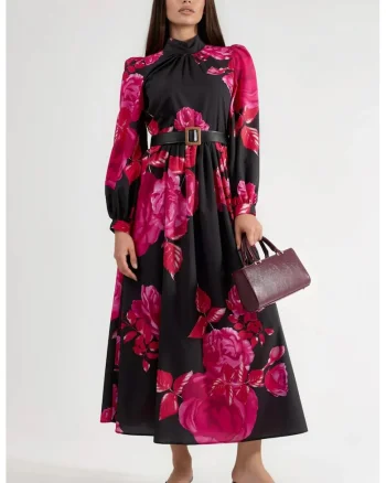 Rochie Maxi,  Florala, cu curea, Negru/Roz, Poliester/Lycra