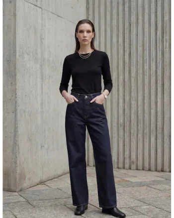 Blugi dama,  cu talie inalta, albastru marin, denim