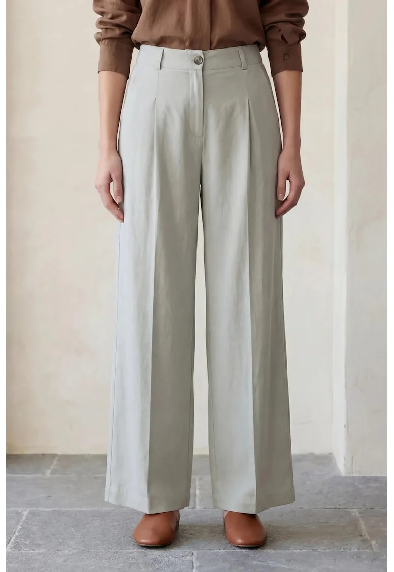 Pantaloni dama,  plisati, talie inalta, verde, bumbac