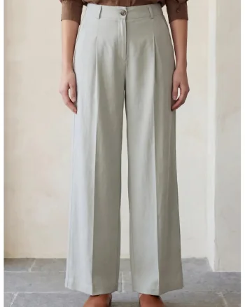 Pantaloni dama,  plisati, talie inalta, verde, bumbac