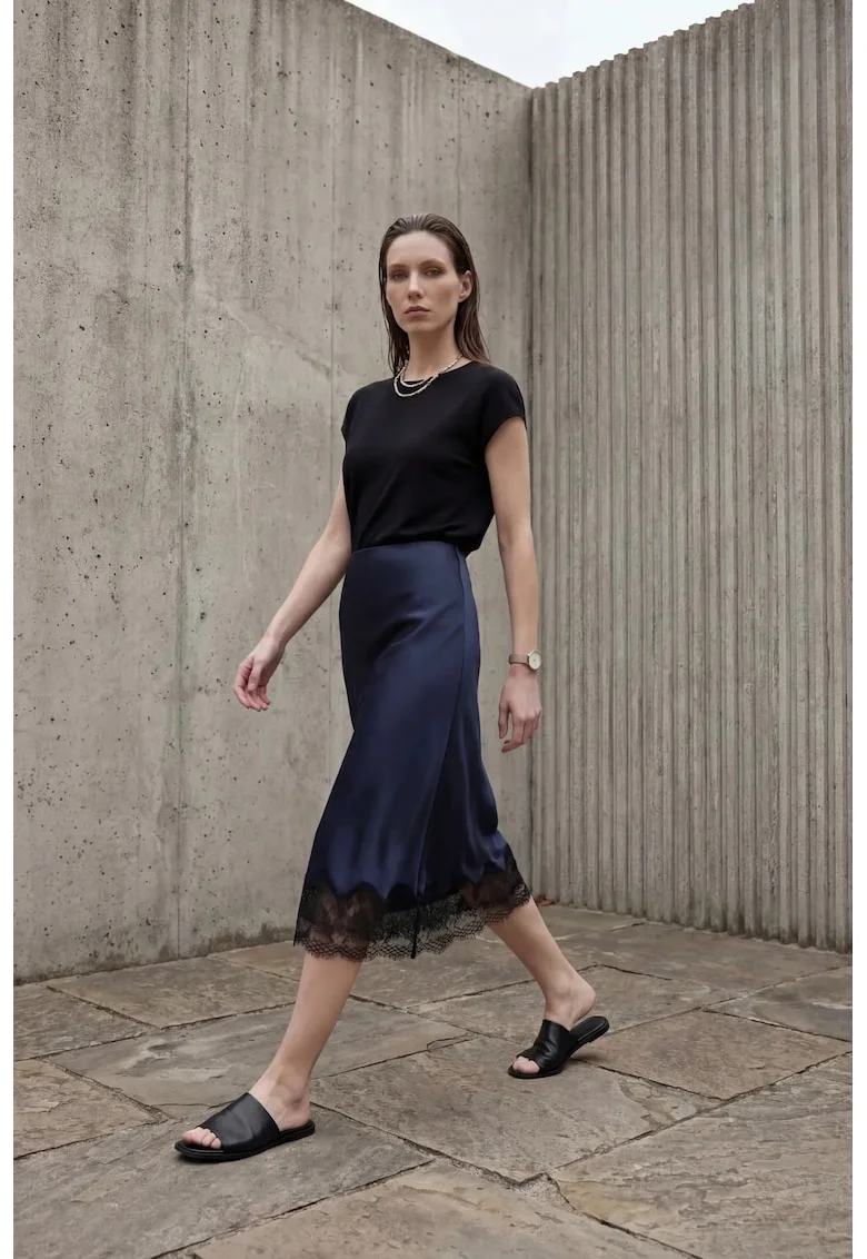 Fusta midi,  satin, albastru marin, talie inalta