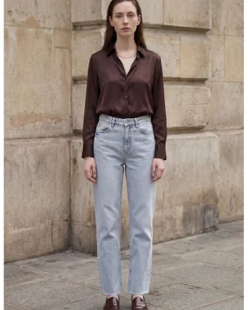 Pantaloni dama,  denim, talie inalta, albastru deschis
