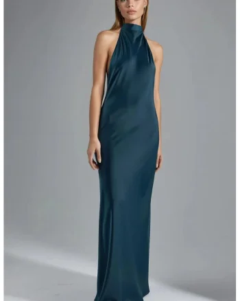 Rochie Maxi,  Satin, Guler Halter, Verde