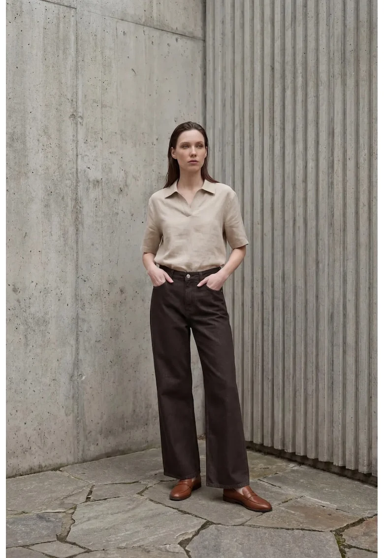 Pantaloni dama,  cu talie inalta, maro, bumbac