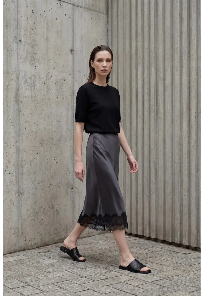 Fusta midi,  satin, gri ardezie, talie inalta