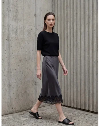 Fusta midi,  satin, gri ardezie, talie inalta