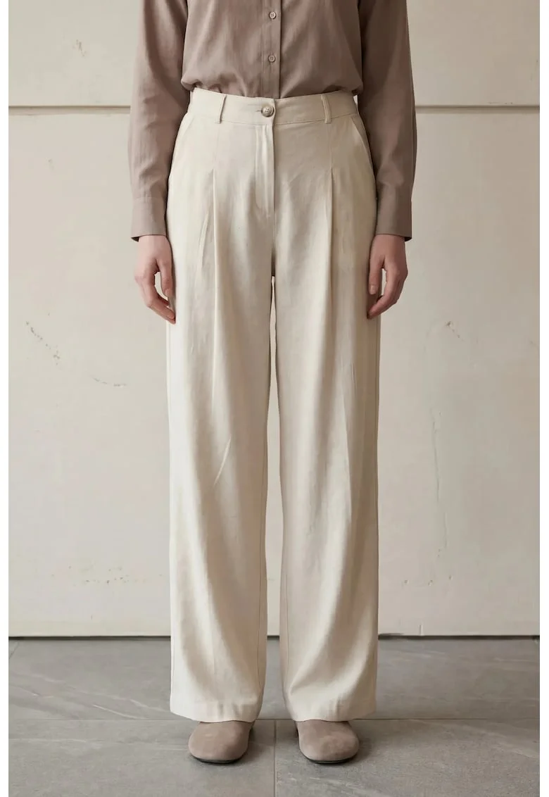Pantaloni dama,  plisati, talie inalta, crem