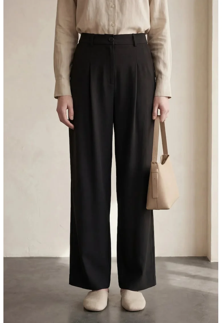 Pantaloni dama,  talie inalta, plisati, negru, bumbac