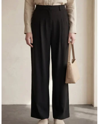 Pantaloni dama,  talie inalta, plisati, negru, bumbac
