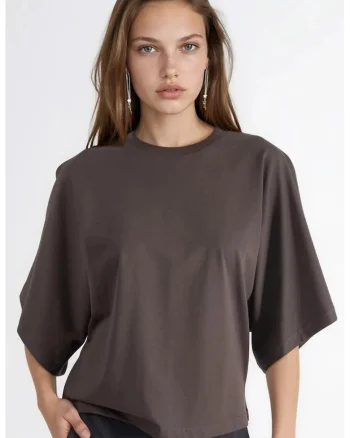 Tricou dama  bumbac, maro, guler rotund