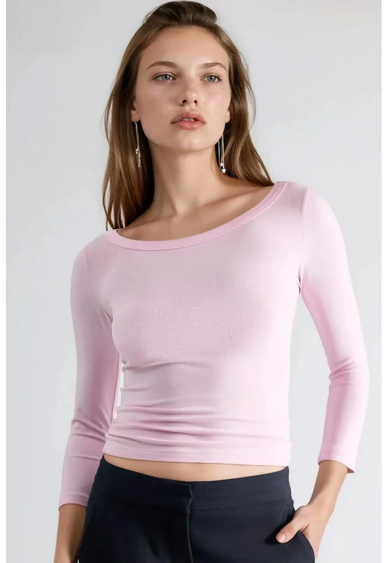 Bluza dama,  maneca lunga, guler rotund, roz, jerseu bumbac-polietser