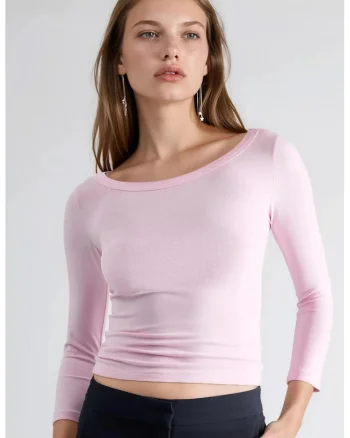 Bluza dama,  maneca lunga, guler rotund, roz, jerseu bumbac-polietser