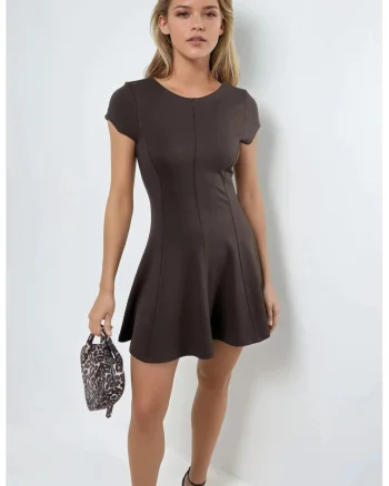 Rochie scurta  A-Line, maneca scurta, maro cafea, jerseu