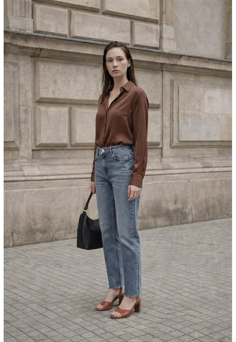 Pantaloni dama,  cu talie inalta, croiala dreapta, albastru