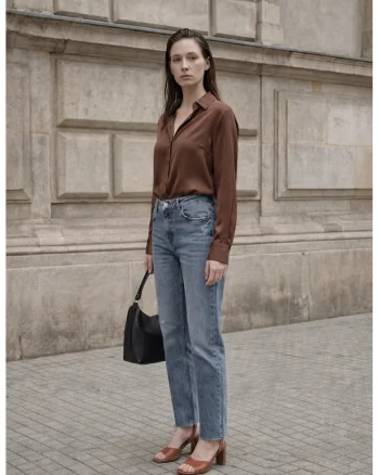 Pantaloni dama,  cu talie inalta, croiala dreapta, albastru