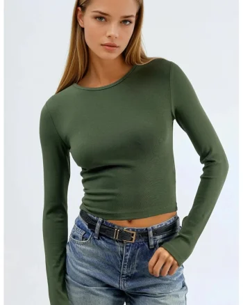 Bluza dama,  maneca lunga, guler rotund, verde kaki, bumbac-elastan