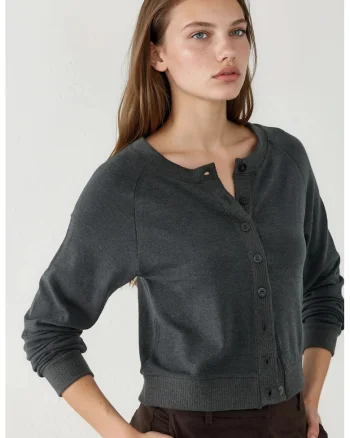 Cardigan  femei, gri, jerseu, decolteu rotund, nasturi