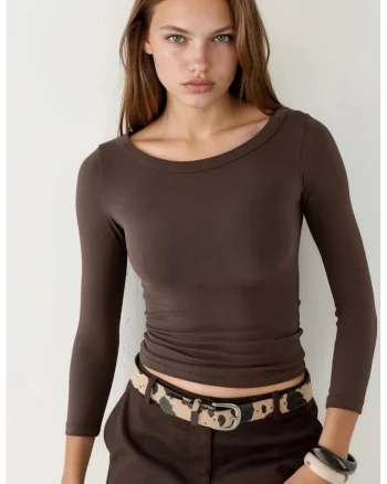 Bluza dama  guler rotund, maneca lunga, maro, jerseu bumbac-polietser