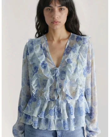 Bluze dama,  cu model in V si volanase, albastru, tul