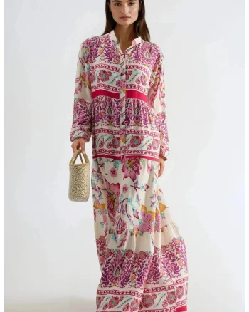 Rochie Maxi,  decolteu in V, imprimeu, roz, pentru femei, viscoza