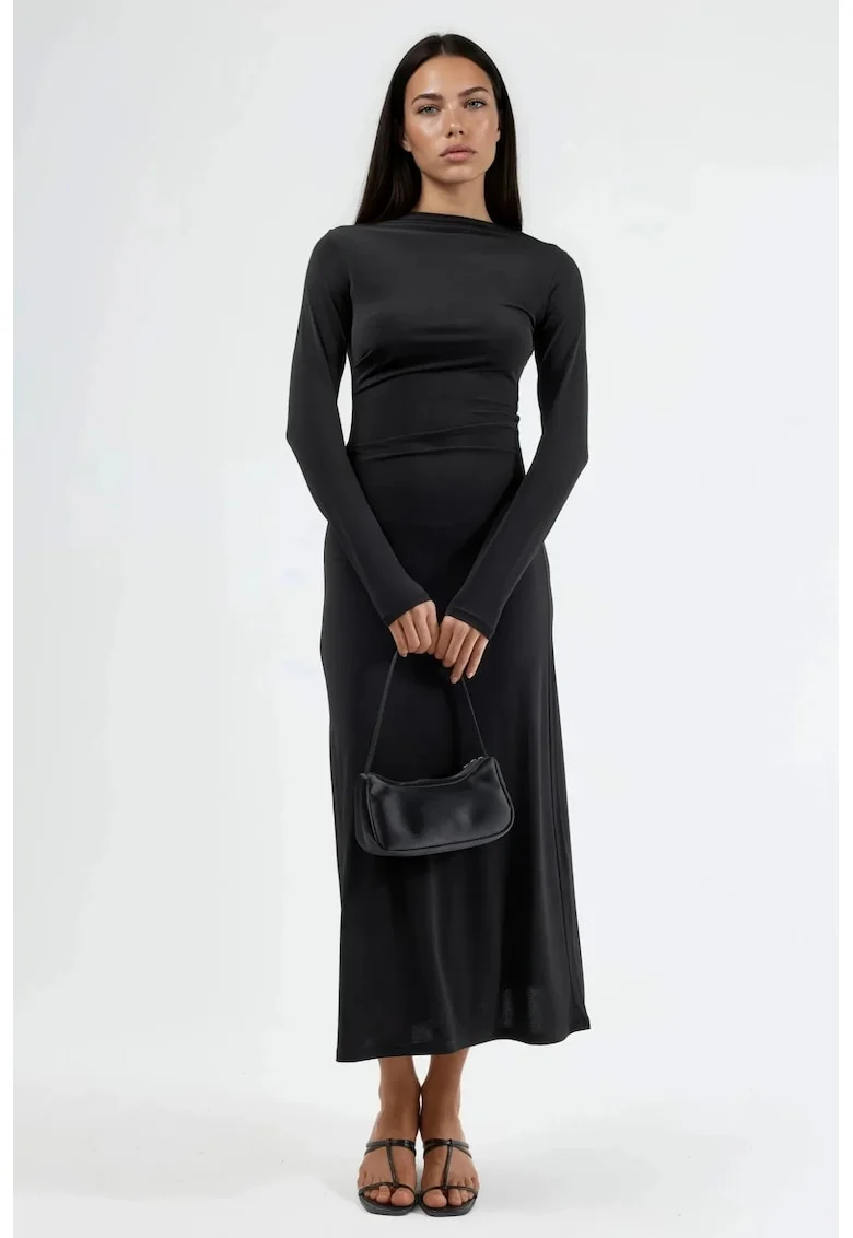 Rochie Maxi  mulata cu detalii drapate, negru, poliester-elastan