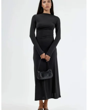 Rochie Maxi  mulata cu detalii drapate, negru, poliester-elastan