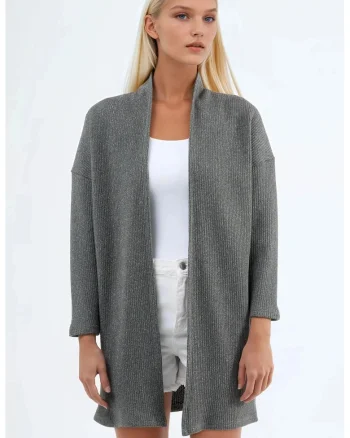Cardigan lung  gri inchis, tricotat, 85% bumbac, 15% poliester,
