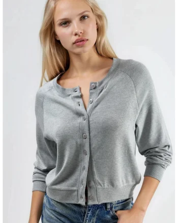 Cardigan  Gri, Jerseu, guler rotund, nasturi