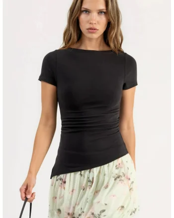Bluza dama,  Slim Fit, guler barca, negru, bumbac-poliester